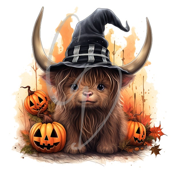 Cute Baby Highland Cow In Witches Hat PNG - Pumpkin - Fall - Sublimation Design - T Shirt digital design clipart - Download