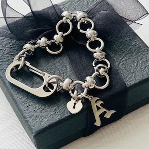 Initial charm bracelet, padlock heart charm, stainless steel D clasp, matching choker necklace