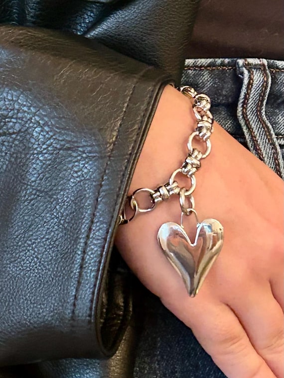 Heart Charm Chunky Bracelet, Stainless Steel Lobster Clasp, Matching Necklace