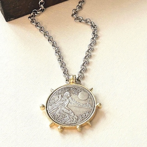 Girl and Moon Coin Pendant Necklace: Mixed Metal Medallion, Stainless Steel Chain