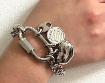 Chunky silver bracelet, chunky coin bracelet, silver stainless steel bracelet, heart bracelet, love charm bracelet, trendy jewelry, love
