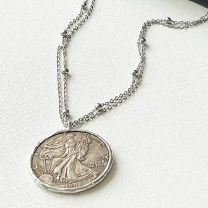 Coin pendant necklace, Lady Liberty pendant necklace, toggle clasp, stainless steel chain, double sided pendant necklace, Lady Liberty coin