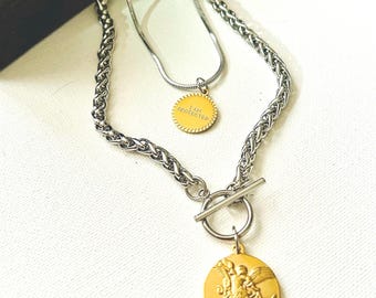 Angel Pendant Necklace: Mixed Metal Toggle Clasp Chain