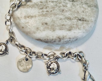Charm bracelet, coin charms bracelet, Roman coin charms chain bracelet, antique silver plated bracelet, silver chain bracelet