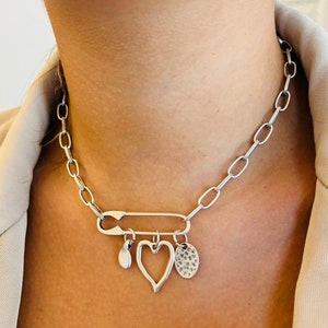 Safety pin connector choker, silver plated necklace, safety pin necklace, heart charm necklace, women gift, lobster clasp, gift for her