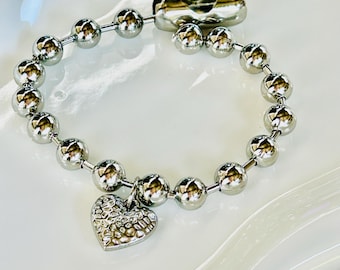 Heart Ball chain bracelet, chunky ball chain bracelet, silver bracelet, charm bracelet, heart charm bracelet, chunky charm bracelet, steel