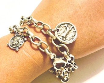Coin charm bracelet, Roman coins rolo chain bracelet,  lobster clasp,  silver bracelet, antique silver plated