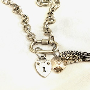 Heart charm necklace, Angel wing pendant necklace, Swarovski crystal heart charm, charm necklace, carabiner connector necklace, lock charm