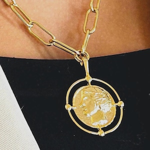 24K Gold Plated Roman Coin Pendant Necklace - Paper Clip Chain