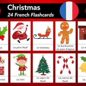Flashcard natalizie francesi, vocaboli festivi francesi, apprendimento della lingua Montessori, attività natalizie per bambini, lettera americana e A4