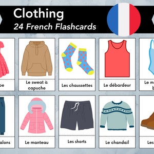 Schede didattiche di abbigliamento francese, vocabolario di moda francese per principianti, apprendimento bilingue in homeschooling, attività per bambini Montessori, lettera USA e A4