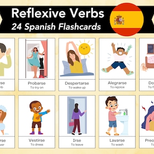 Spanish Reflexive Verb Flashcards, Spanish Language Learning Vocab, Bilingual Homeschooling Activity, Verbos Español, US Letter & A4