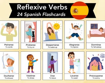 Spanish Reflexive Verb Flashcards, Spanish Language Learning Vocab, Bilingual Homeschooling Activity, Verbos Español, US Letter & A4