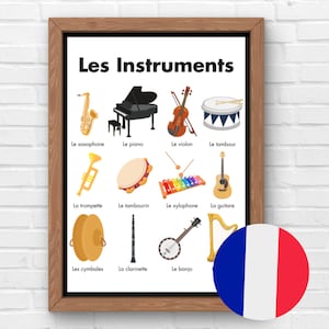 French Instruments Poster Art, French Classroom Wall Decor, Bilingual Homeschooling, Montessori Learning, US Letter & A4
