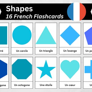 Flashcards de formas francesas, vocabulário de geometria francesa, aprendizagem bilíngue Montessori, materiais para impressão para educação domiciliar, carta dos EUA e A4