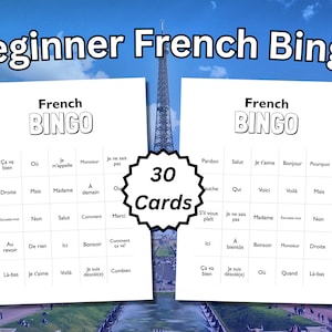 Anfänger Französisch Vokabeln Bingo, 30 druckbare Bingokarten, Französische Klassenzimmer Spiele, Lustige Sprachaktivität für Kinder, US Letter & A4