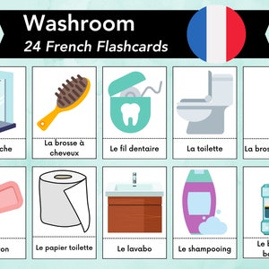 French Washroom Flashcards, French Bathroom Vocabulary, Homeschooling Language Learning, Montessori Bilingual Activity, US Letter and A4