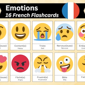 フランス語の感情フラッシュカード、フランス語の形容詞語彙、ホームスクールの言語学習、モンテッソーリバイリンガルアクティビティ、USレター＆A4