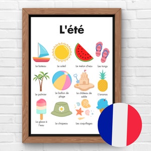 Póster artístico de verano en francés, vocabulario en francés para las vacaciones de verano, decoración de pared para la educación en el hogar bilingüe, aprendizaje Montessori, tamaño carta de EE. UU. y A4