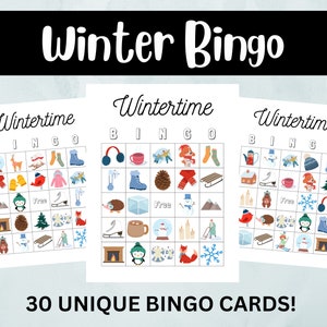 Bingo d'hiver, 30 cartes de bingo imprimables, activité Winter Wonderland pour enfants, jeux pour la classe, jeu de fête des fêtes, lettre US et A4