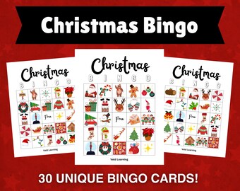 May include: Three Christmas Bingo cards with festive illustrations of Santa, ornaments, and gifts. The words "Christmas Bingo" are at the top, with "30 UNIQUE BINGO CARDS!" at the bottom. The background is red with white stars.