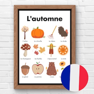 Póster de otoño francés, decoración de pared para aulas de francés, educación en casa bilingüe, aprendizaje Montessori, arte mural otoñal, tamaño carta de EE. UU. y A4