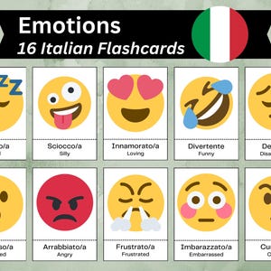 Italian Emotion Flashcards, Learn Italian Vocabulary, Homeschooling Language Learning, Italiano Bilingual Flashcard Activity, US Letter & A4