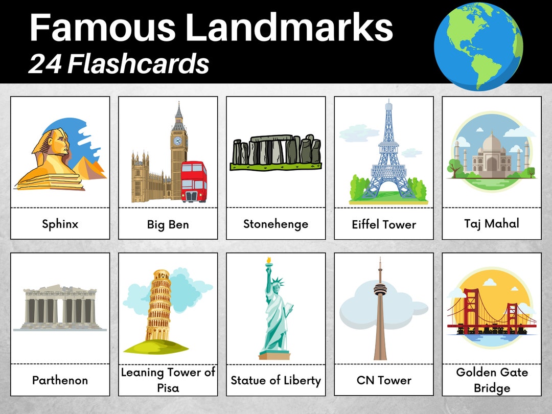 World Landmark Flashcards, Famous Geography Flash Cards, Homeschooling