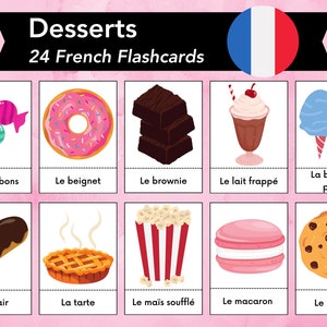 Tarjetas didácticas de postre francés, vocabulario de comida francesa, aprendizaje de idiomas bilingüe, tarjetas didácticas Montessori para educación en el hogar, carta estadounidense y A4