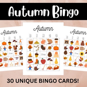Bingo de otoño, 30 tarjetas de bingo imprimibles, divertida actividad de otoño para niños, juegos de aula, juego de regreso a la escuela, tamaño carta de EE. UU. y A4