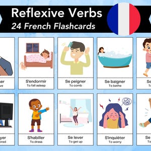 Französische reflexive Verb Karteikarten, Französisch Vokabeln, zweisprachige Homeschooling Aktivität, Kinder Klassenzimmer Aktivität, US Letter & A4
