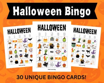 Halloween Bingo, 30 Printable Bingo Cards, Fun Halloween Activity for Kids, Classroom Party Game, October Activity, US Letter & A4