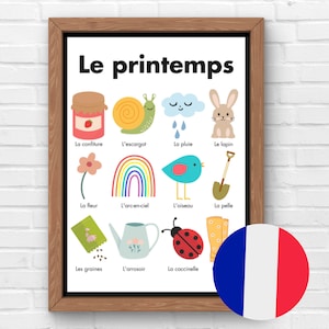Póster de arte de primavera en francés, decoración de pared para aulas de francés, educación en casa bilingüe, aprendizaje Montessori, arte mural con vocabulario de primavera, tamaño carta de EE. UU. y A4