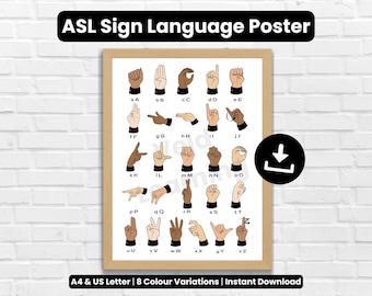 ASL Alphabet Poster, Sign Language Alphabet Art, Inclusive Classroom Decor, Language Learning for Kids, US Letter & A4