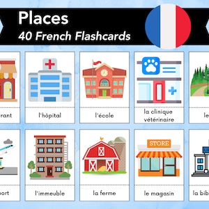 Tarjetas didácticas de ubicación francesa, vocabulario de lugares franceses, aprendizaje bilingüe Montessori, actividades de educación en el hogar para niños, carta estadounidense y A4