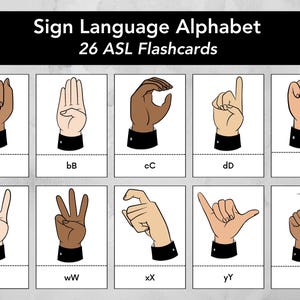 May include: Flashcards displaying the American Sign Language (ASL) alphabet. Each card features a hand gesture representing a letter, with the corresponding letter printed below. The set includes 26 flashcards, perfect for learning or teaching ASL.