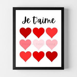 French Valentine&#39;s Day Poster, Je T&#39;aime French Wall Decor, Valentine&#39;s Day Gifts, Pink & Red Heart Wall Art, Gifts for Her