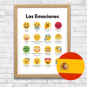 Spanish Emotions Poster Art, Spanish Classroom Wall Decor, Bilingual Homeschooling, Montessori Learning, US Letter & A4