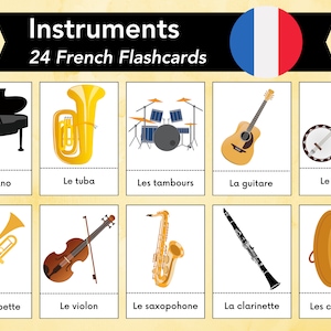Schede didattiche di strumenti musicali francesi, vocabolario musicale francese, apprendimento bilingue Montessori, materiale stampabile per l'istruzione parentale, lettera USA e A4