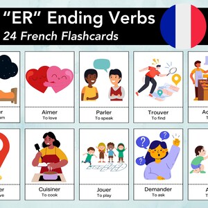 Puede incluir: Un conjunto de 24 tarjetas didácticas francesas para aprender los verbos que terminan en "ER". Cada tarjeta presenta una colorida ilustración y el verbo francés con su traducción al inglés. La parte superior de las tarjetas tiene el texto "ER" Ending Verbs y una bandera francesa.