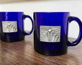 Unique Cobalt Blue Handled Mug with Geometric Art Deco Pewter Emblem Medallion - sold separately