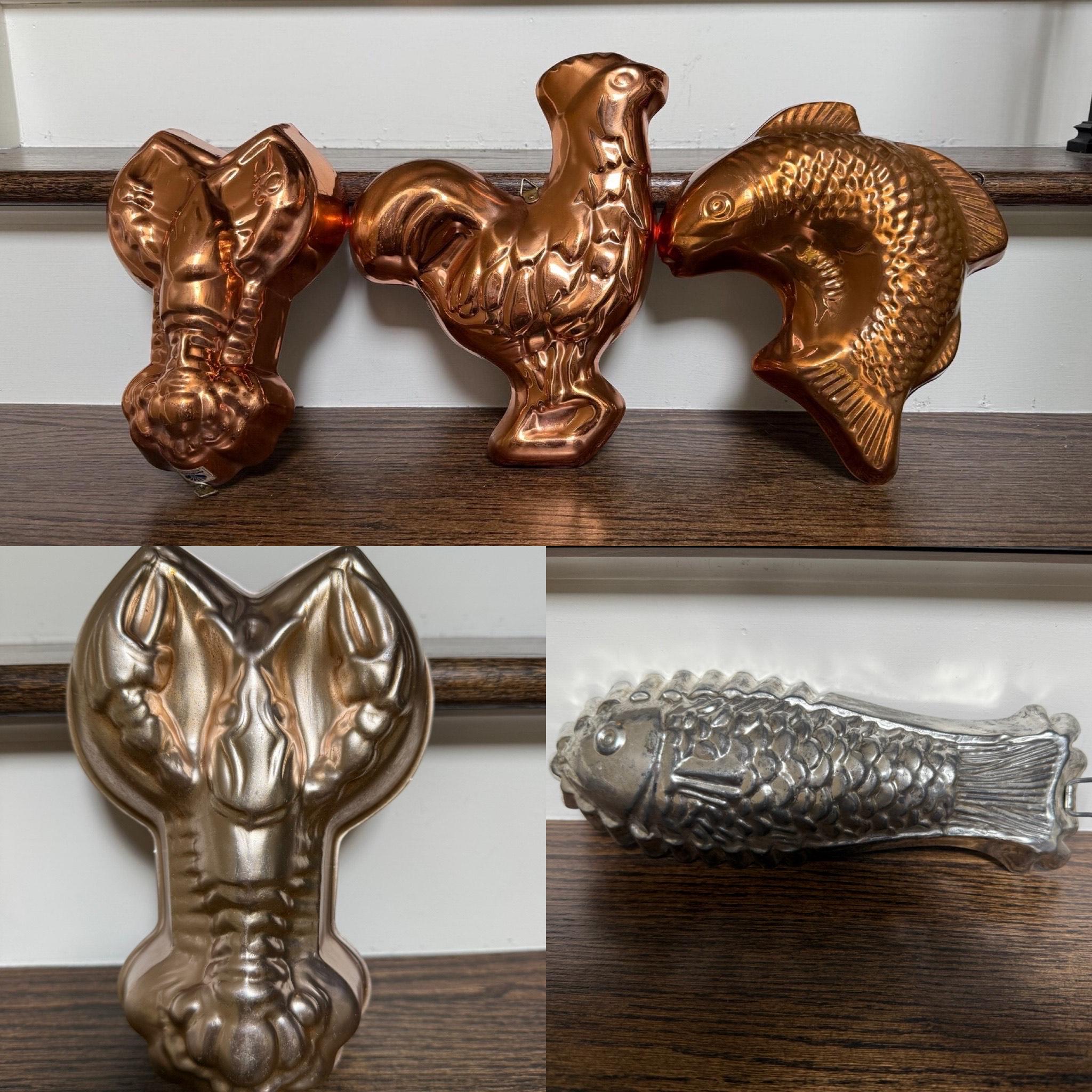 Vintage 1950s Copper, Aluminum Plated Lobster, Hen, Fish Jello