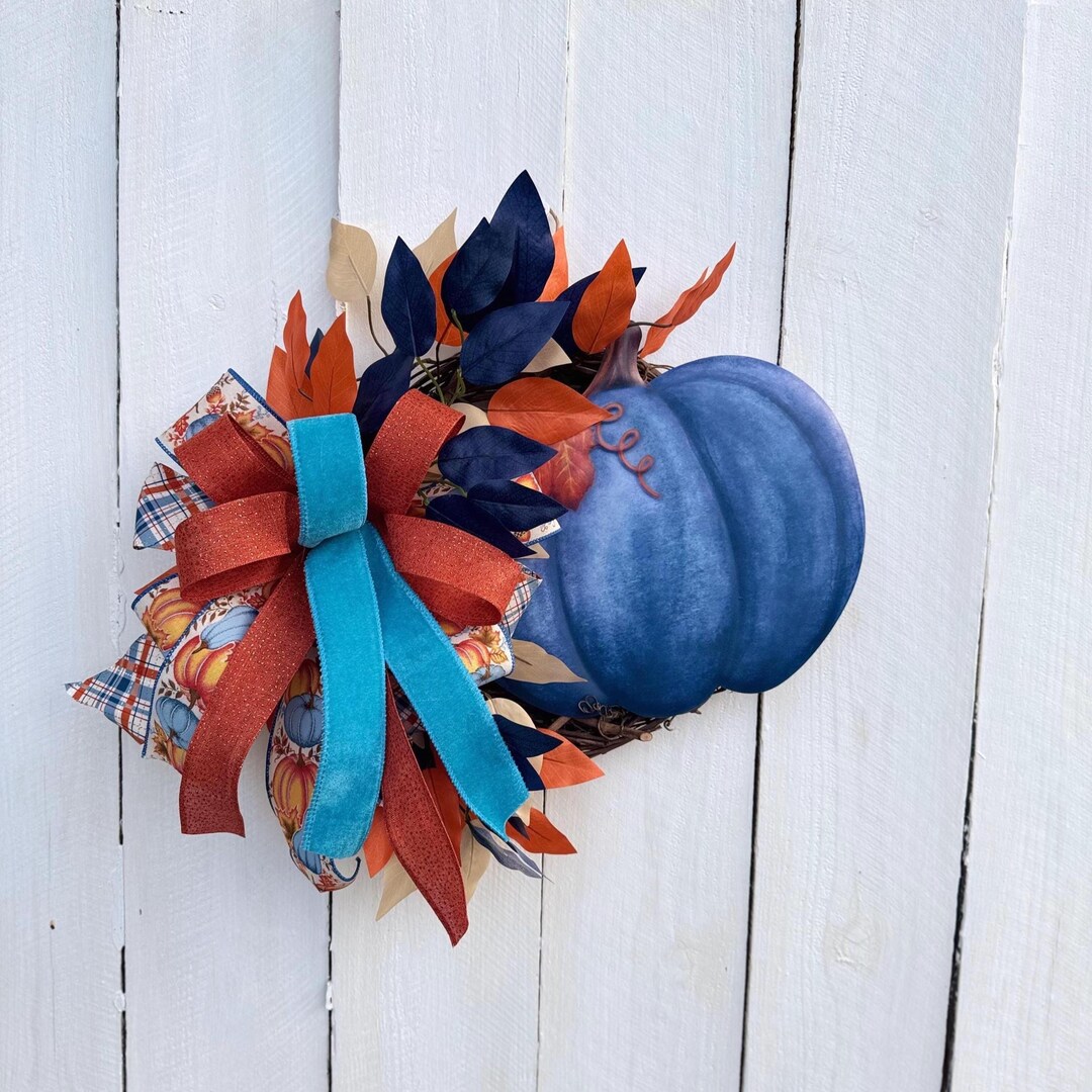 Navy Pumpkin Fall Wreath for Front Door, Blue Velvet Ribbon Autumn ...