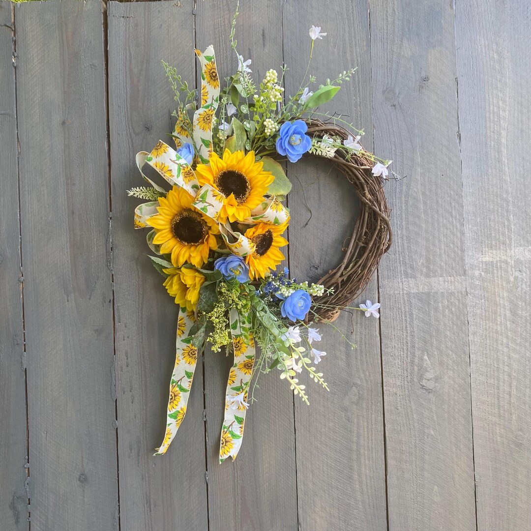 Sunflower and Blue Ranunculus Grapevine Front Door Grapevine Wreath ...