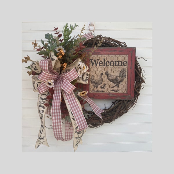 Rustic Rooster Welcome Wreath, 18" Grapevine Front Door Wreath, Year Round Wall Decor, Gift for her