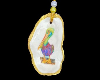 Pelican Oyster Shell Ornaments, Beachy Decor, Coastal Decor, Gift for Her, Beach Decor, Coastal Gift, Nautical Ornament, Bird Lover Gifts