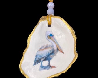 Pelican Oyster Shell Ornaments, Beachy Decor, Coastal Decor, Gift for Her, Beach Decor, Coastal Gift, Nautical Ornament, Bird Lover Gifts