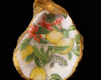 Oyster Shell Ring Dish, Lemon Gift for Her, Shell Jewelry Holder, Hostess Gift Beach Coastal Design, Trinket Dish, Lemon Themed Gift