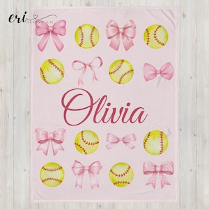 Personalized Coquette Softball Blanket-Bows and Softballs, Pink Softball Blanket, Girls Softball Gift, Personalized Softball Gift