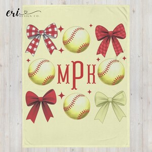 Personalized Softball Blanket with Bows & Monogram | Custom Softball Gift for Girls | Cozy Sports Blanket for Softball | Monogram Softball